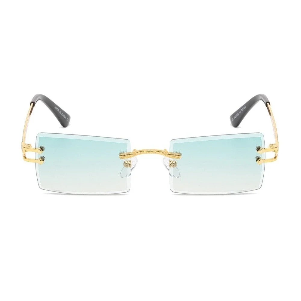 Rimless Sunglasses Green Lens Gold Accents Rectangle Fashion Shades Lentes Gafas